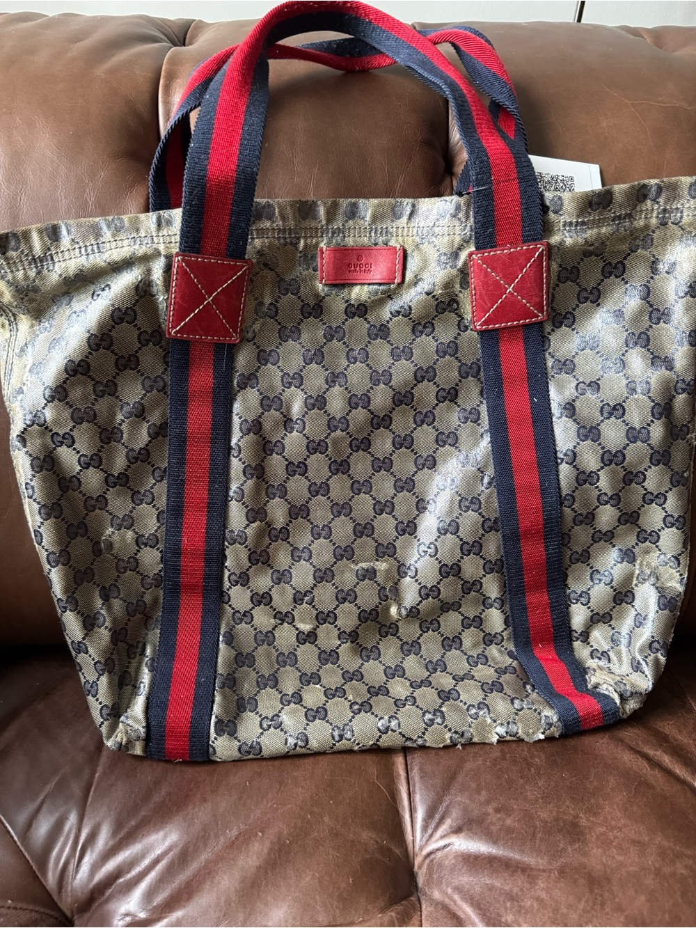 Gucci Beige/Brown GG Canvas Tote with Red Leather Accent